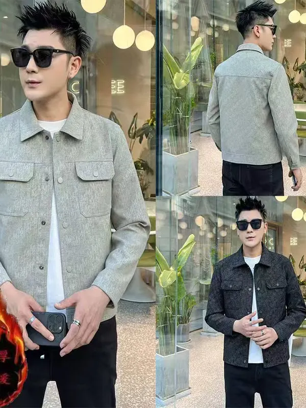 

New Men's Slim Fit Fce Lined Leather Jaet ort Sle Korean Faion Print Casual Outerwear Autumn Winter PU Leather