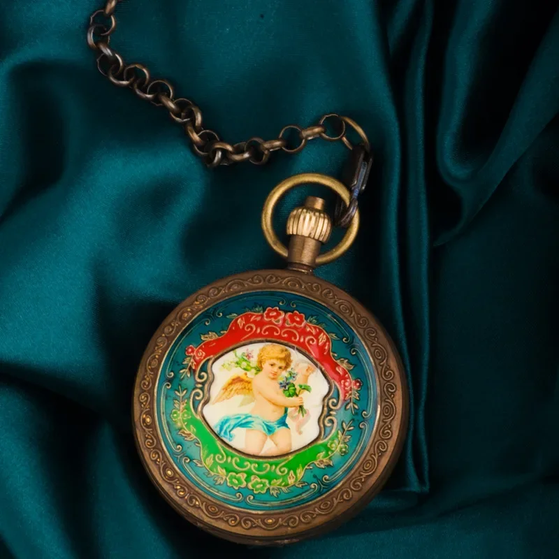 حركة الشمس والقمر والنجوم الملاك البرونزي مزدوجة مفتوحة الوجه دليل ساعة الجيب الميكانيكية العتيقة الكنز التذكاري الرجل العجوز