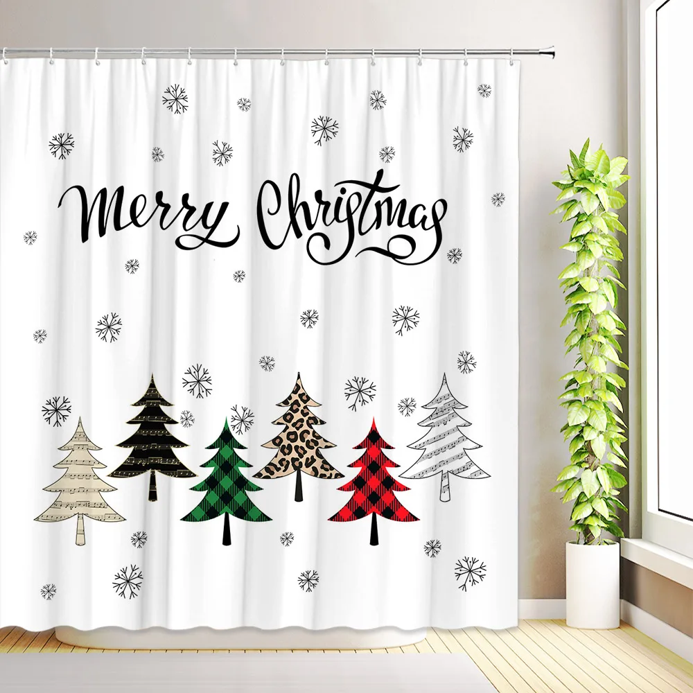 Merry Christmas Shower Curtain Buffalo Check Plaid Xmas Tree Reindeer Snowflakes Winter Farmhouse Bathroom Curtains Fabric Decor