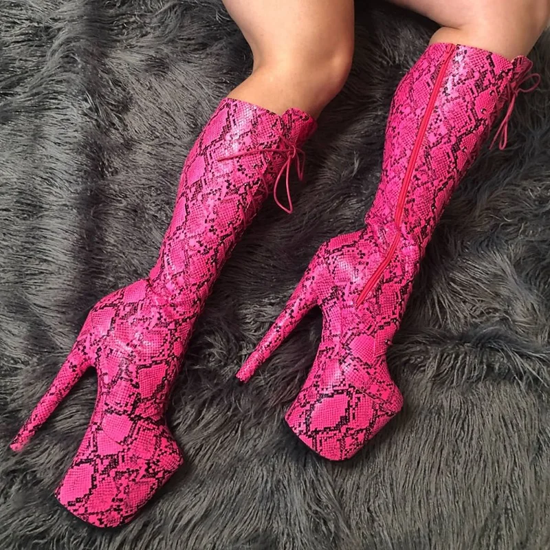 8 Inches Snake Print Sexy Fetish Thigh High Boots Platform 20cm Women Pole Dance Shoes Stripper Heels Exotic Mature Lace Up Mode