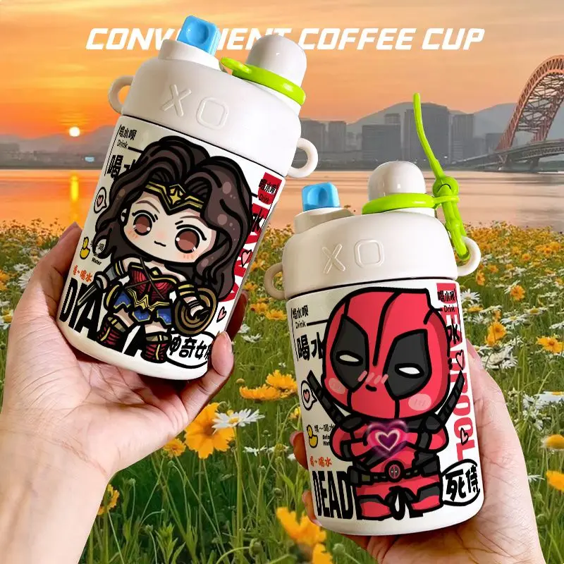 Marvel Comics Wonder Woman Deadpool Cartoon Thermos Cup Large Capacity 316 Stainless Steel Straw Double Drinking Cup for Women