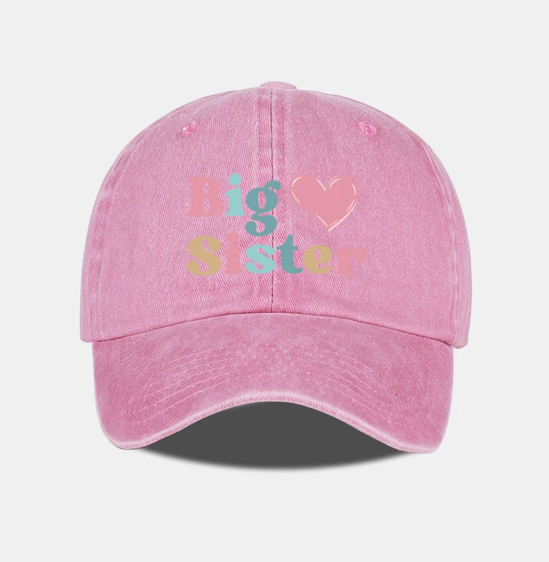 Big Sister Heart Print Vintage Washed Baseball Cap – Adjustable Size, Everyday Casual and Versatile Dad Cap