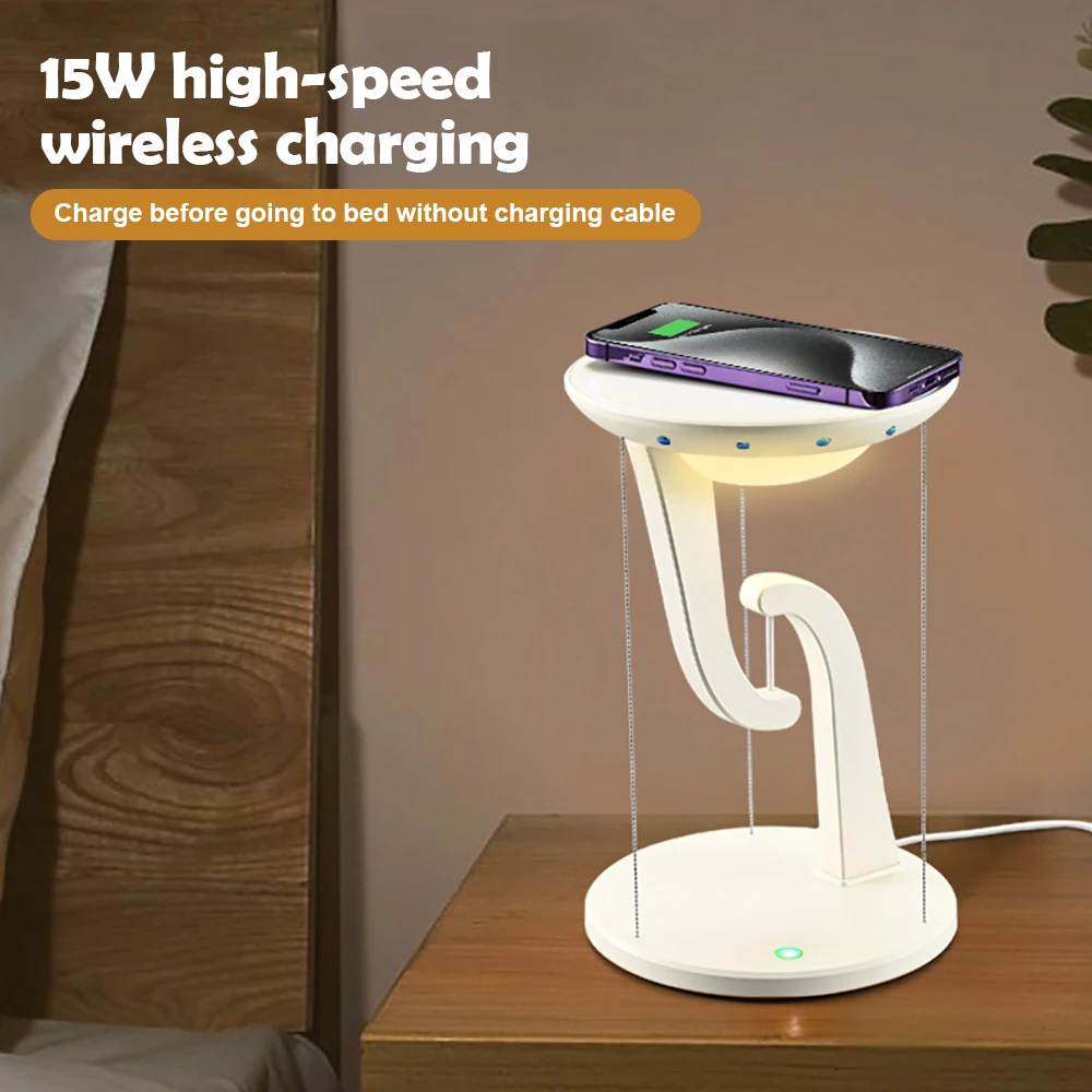 LED Night Light Multi-functional Desk Lamp with 15W Wireless Charger for iPhone Samsung Touch Switch Stepless Dimming Night Lamp