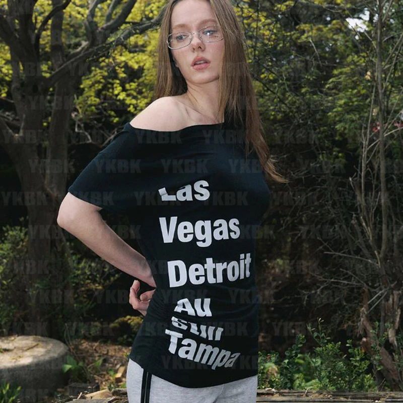 

Y2k American Retro Letter Printed Pure Cotton Short-Sleeved Open-Shoulder T-Shirt Abundant Versatile Slimming Daily Top