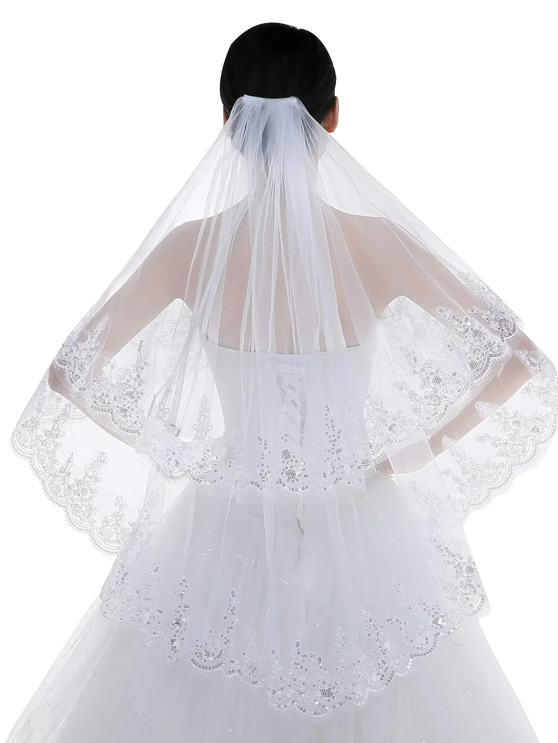 

Двухслойная свадебная фата с кружевом и пайетками, длиной до кончиков пальцев, для невесты