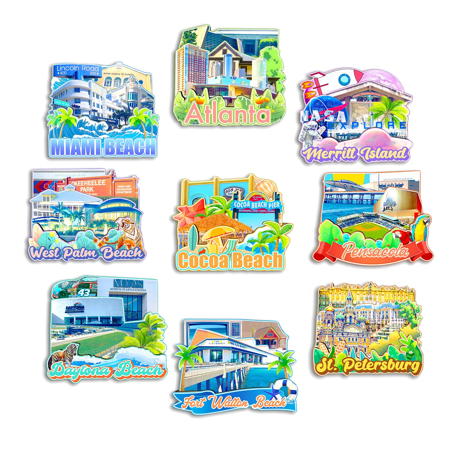 St. Petersburg Cocoa Beach Fort Walton Beach Daytona Beach Pensacola West Palm Beach Florida USA Fridge Magnet Travel Souvenir