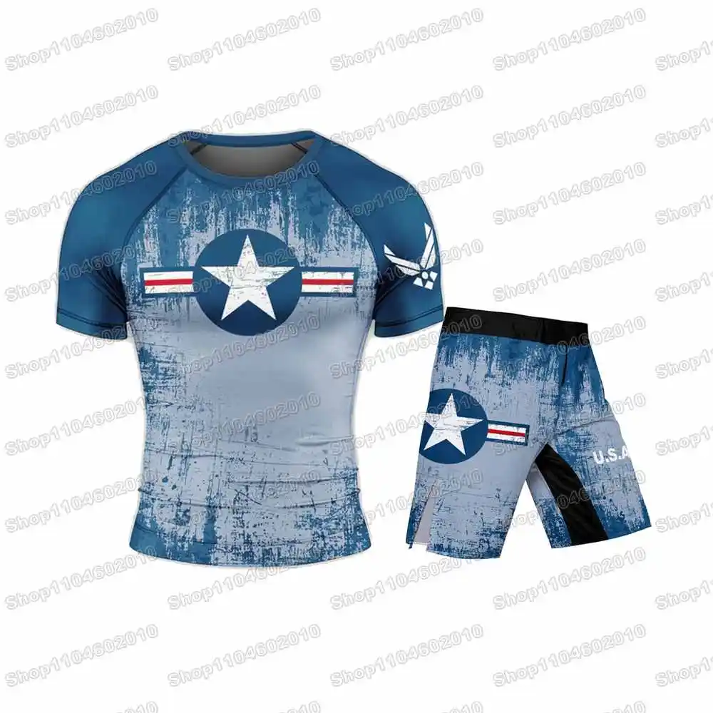 WWF Wrestling Força Aérea Rash Guards Camisa de surf Camisas de praia Roupa de banho MMA BJJ Homens Jiu Jitsu Conjuntos de fitness