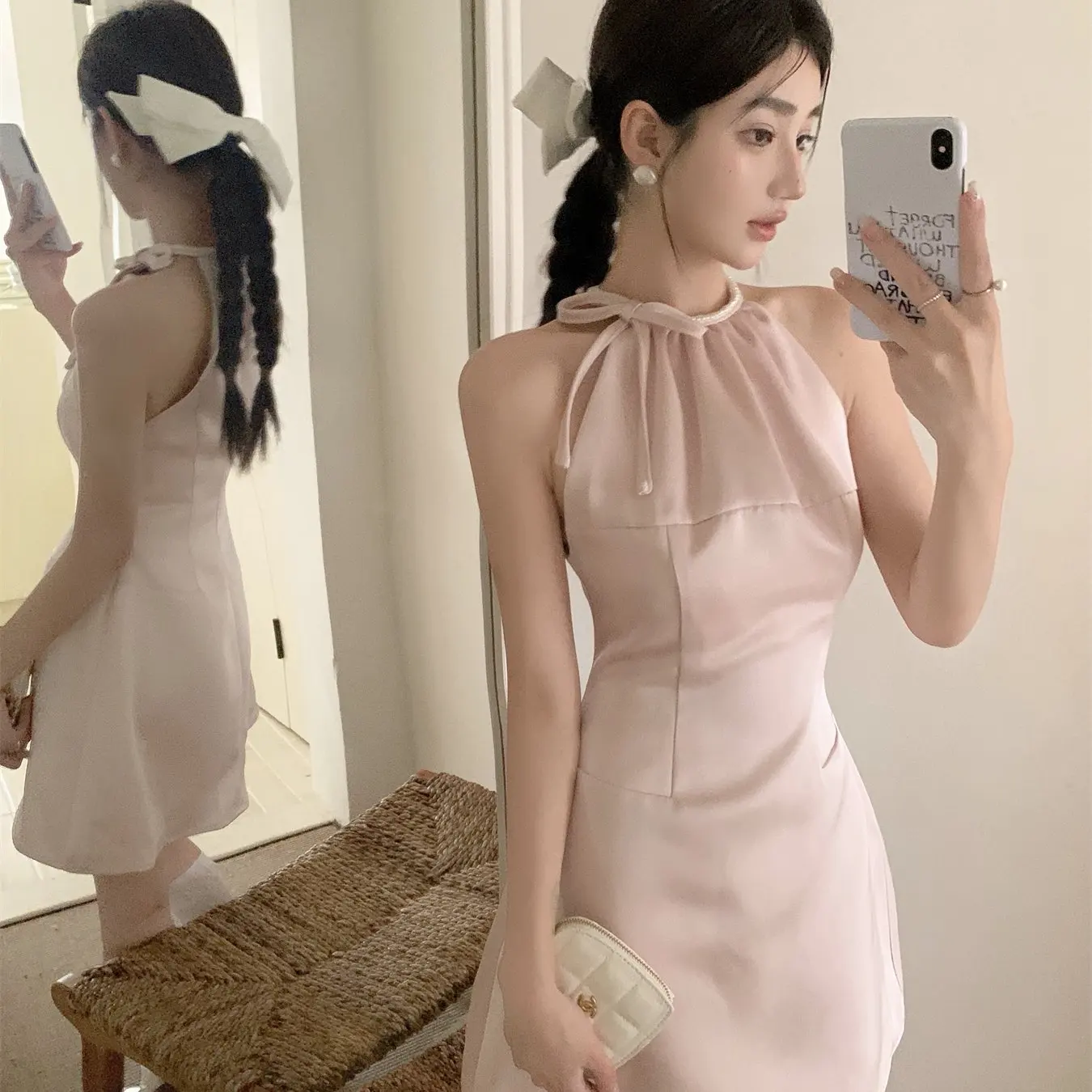 

Pink Satin ine Ne Hanging Dr Women Summer Knot Waist in a ort Skirt Svel Glowing Glossy A-Line Dr