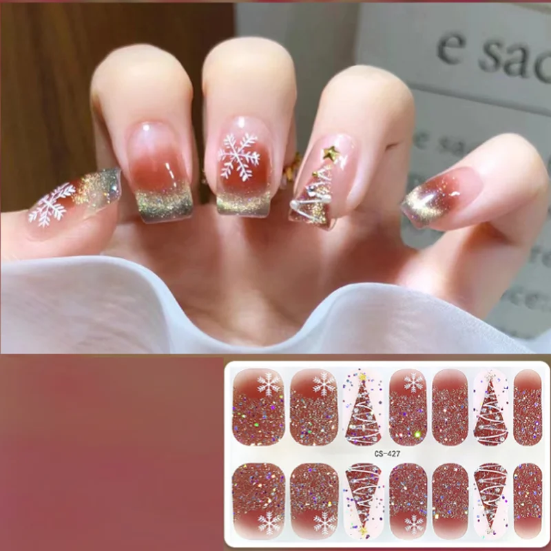 Sztuczne Paznokcie Świąteczne Żelowe Naklejki na Paznokcie Ozdoby DIY Ozdoby do Paznokci Brokatowe Sztuczne Paznokcie Akcesoria do Zdobienia Paznokci Uñas