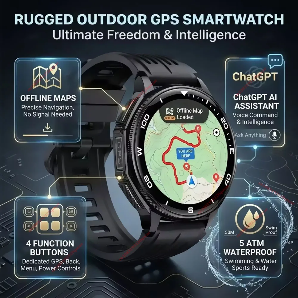 Herren Smartwatch 5ATM Wasserdicht Sport-Smartwatch Offline-Karten GPS-Positionierung Gesundheitsmonitor Outdoor-Taschenlampe Anruffunktion Uhr Hw12