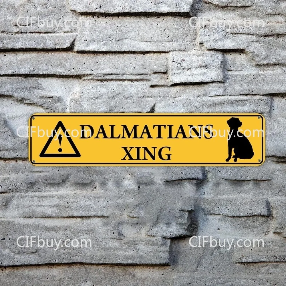 2D Flat Yellow Black Highway Warning Style Dalmatian Pet Lover Metal Plaque Home Wall Decor 1pc