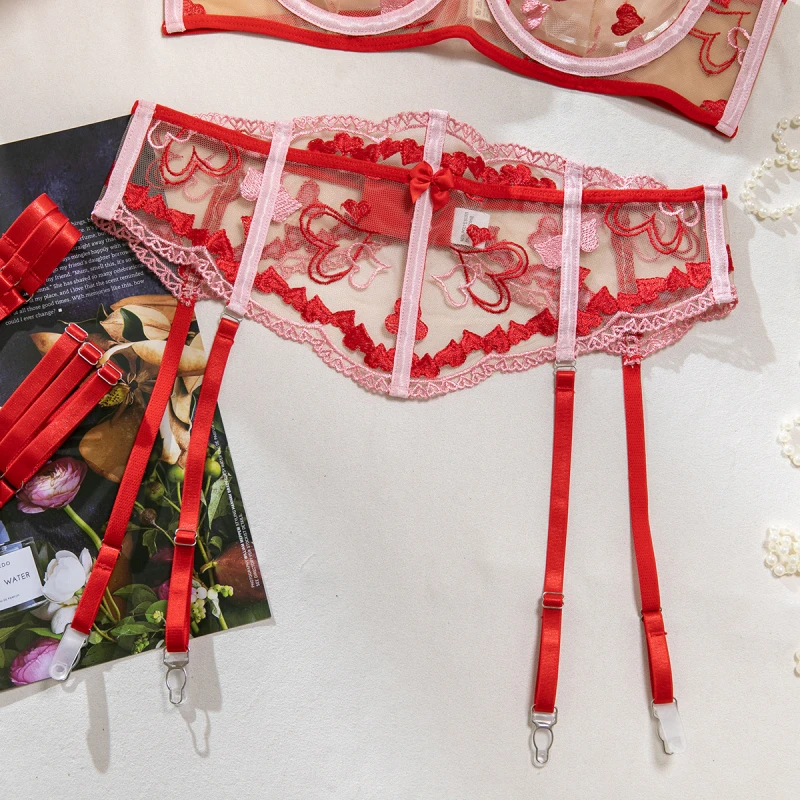 Bikini Heart Embroidery Mesh Fishbone Waist Bowknot Women's Sexy Lingerie