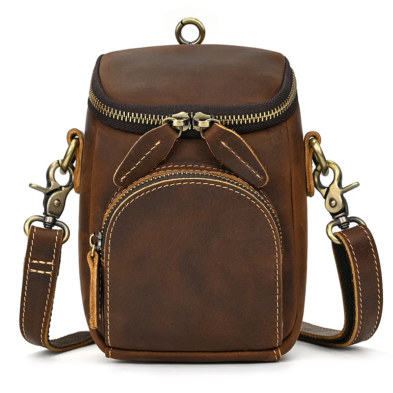 New design men\'s bag shoulder crossbody bag leather vertical large capacity crazy horse leather mens wasit bag on belt sling bag