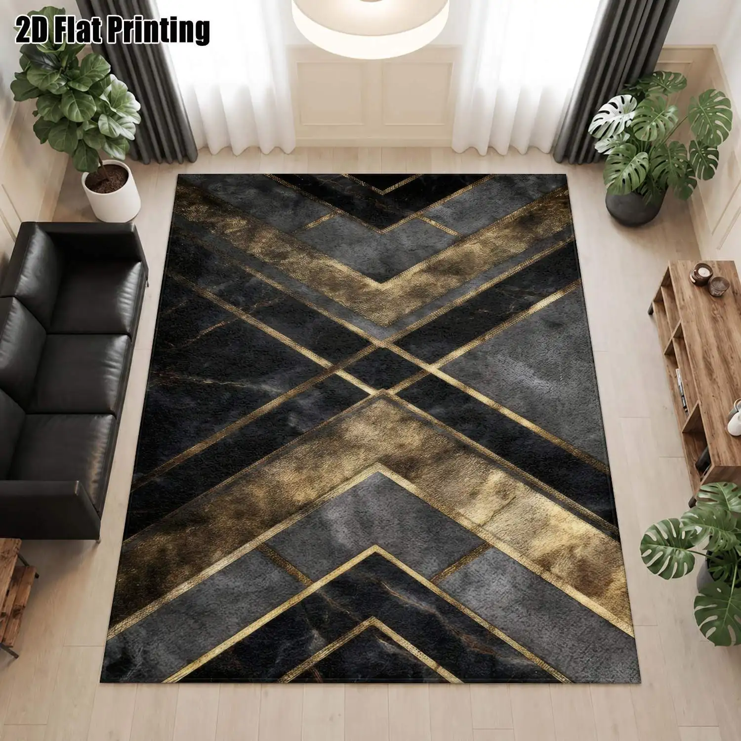 1Pc 2D Printed Black & Gold Geometric Stripe Carpet, Nordic/Modern Minimalist/European Style, Home Decor, Multi-Size, Machine Washable, Suitable for Entrance/Dining Room/Foyer/Living Room/Bedroom Floor Mats