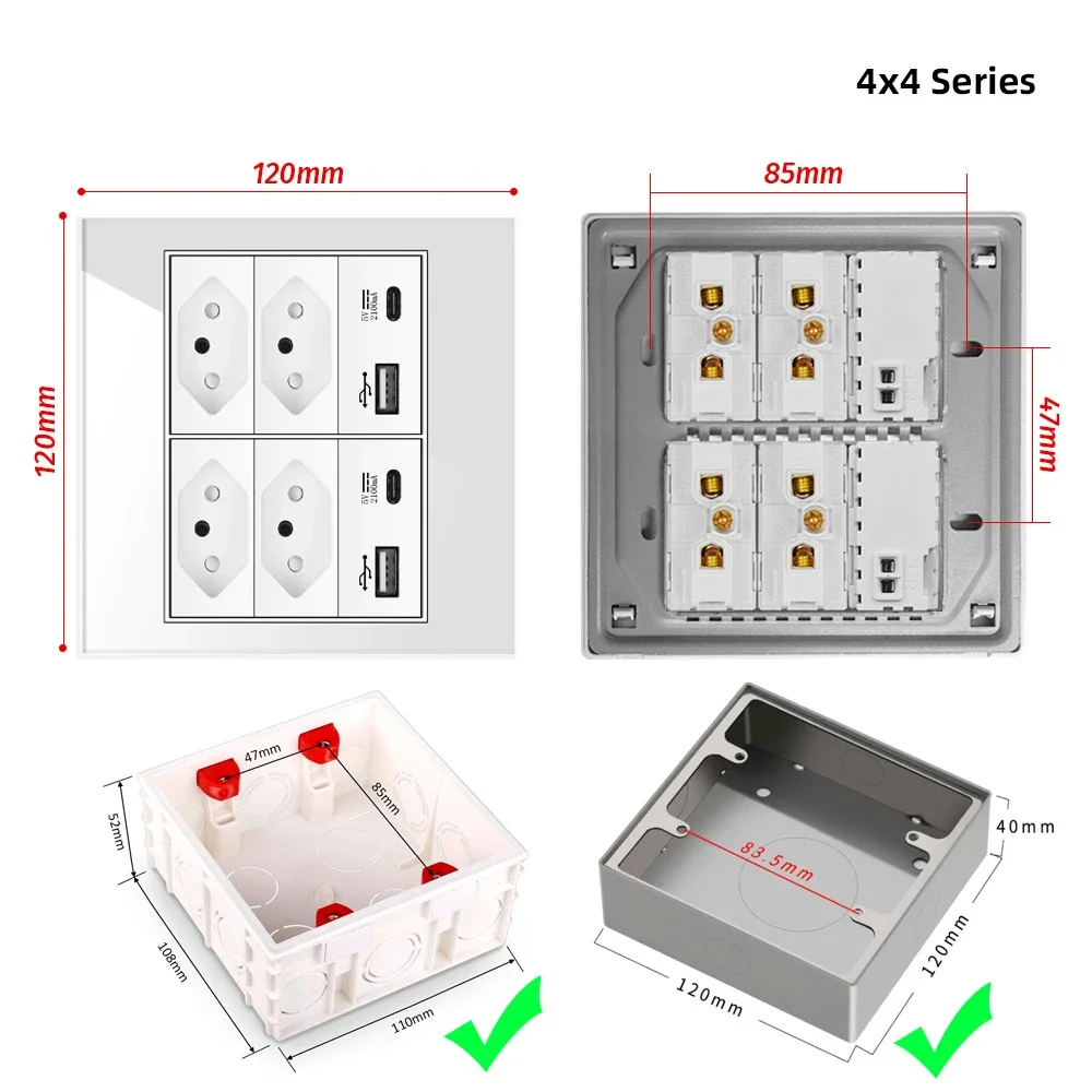 Shawader 4x4 Brazil Outlet Double USB Type-C Wall Power Socket Light Switch Home Office White 10A 20A Fireproof Glass Panel