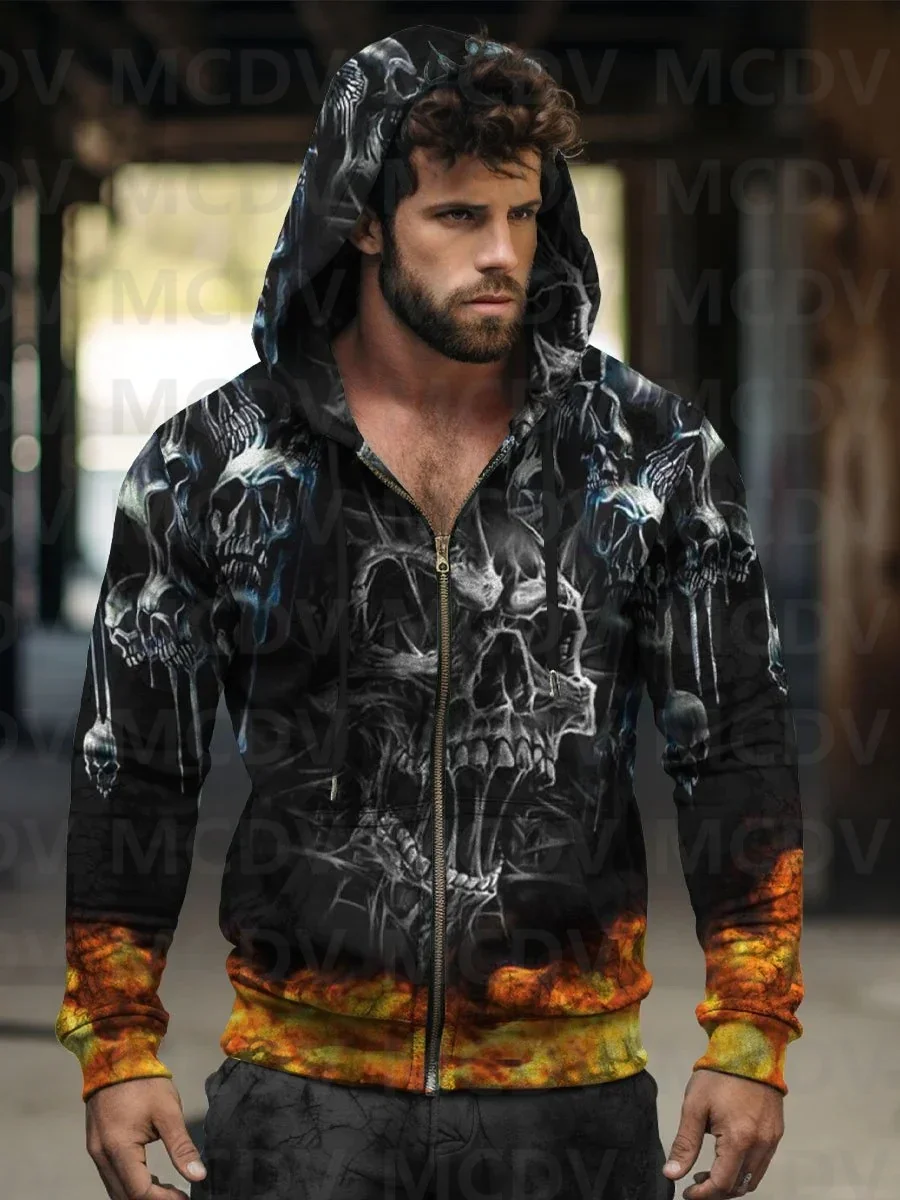 Men's Skull Zip-Up Hoodie Sweatshirt Halloween Zipper Hoodies