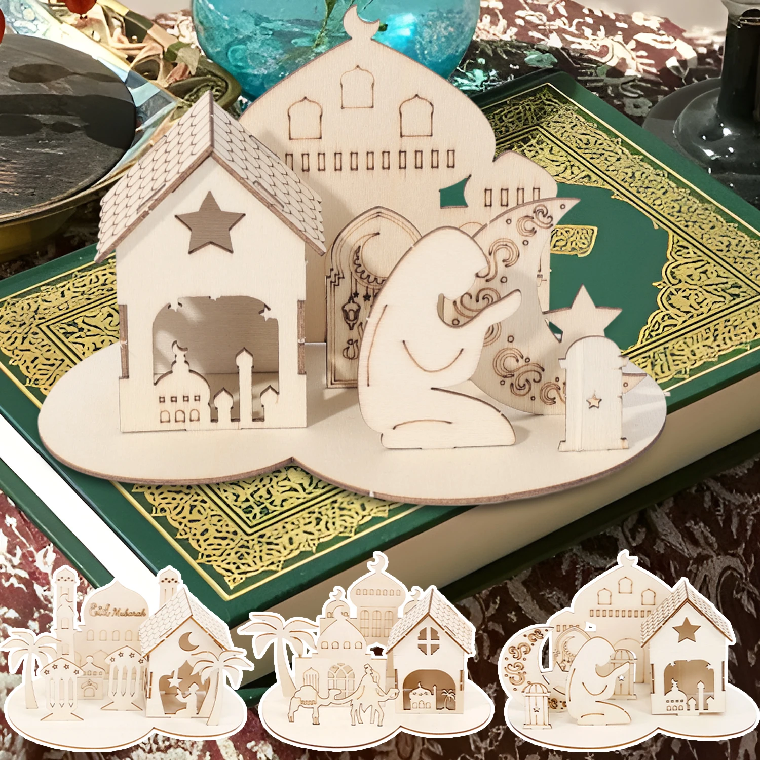 4 Sets of Holiday Castle Jigsaw Puzzle Ornaments Toys Wooden Courtyard Children Handmade DIY Stereo Decorative Desktop Ornaments