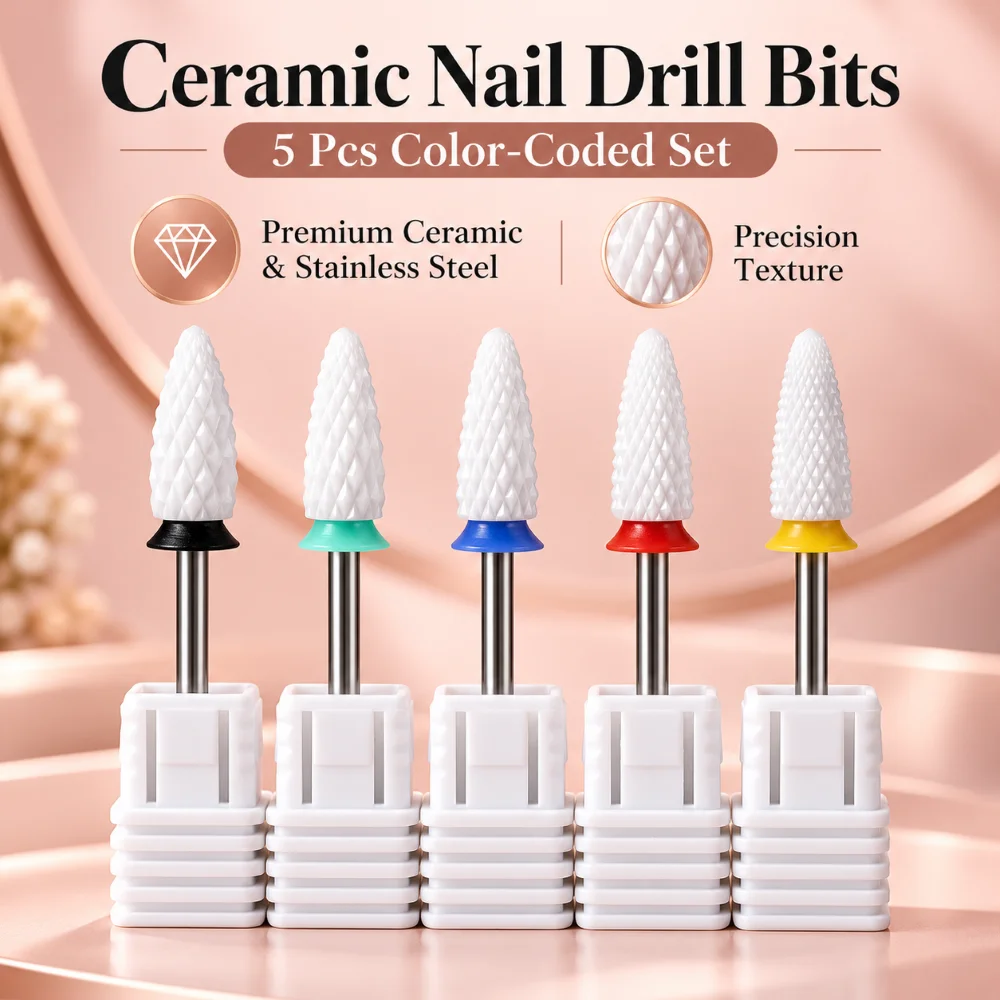 5PCS Ceramic Cone Nail Drill Bits Set 2.35mm Shanks Five Grades For Gel Acrylic Removal Shaping Refining With Individual Holders