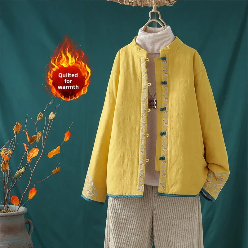 Ele Embroidered Cotton Jaet Quilted Inner Lightweight Winter Faion Large Size Women's Clothing Buttoned Chinese Sle