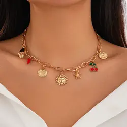 IngeSight.Z Vintage Gold Color Starfish Sun Pendant Choker Necklace Woman Punk Creative Metal Clavicle Chain Ladies Jewelry
