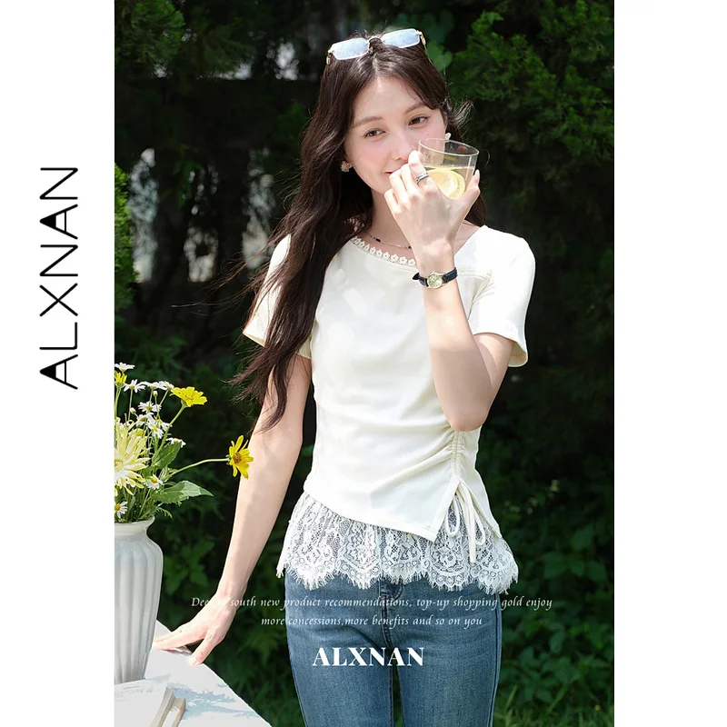 ALXNAN White Women's T-shirt Summer Short Sleeve Asymmetric Square Slant Neck Side Waist Ruched Design Ladies Clothing L67218