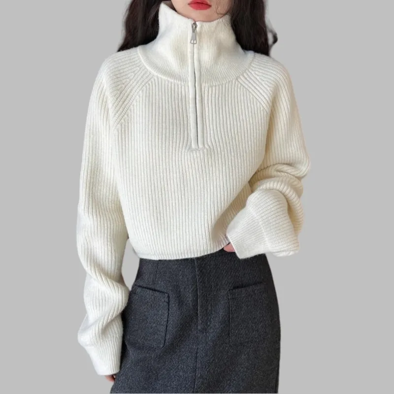 MiiiiX Casual Style Design Turtleneck Knitted Sweater Women's Pullover 2024 Autumn Soild Zip Design Loose Thick Female Clothes