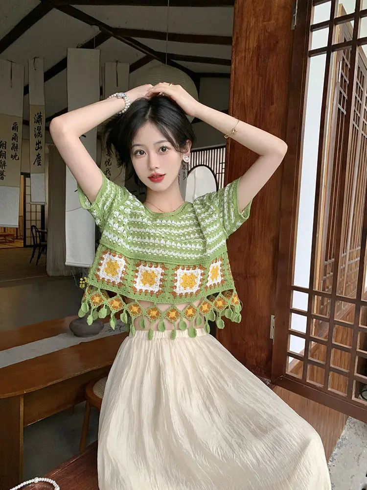 

Crochet Women's Two Skirt Piece Set Knit Cheap Clothing Offers Korean Style Y2k Streetwear Top and Bottom Tassel Female Outfits