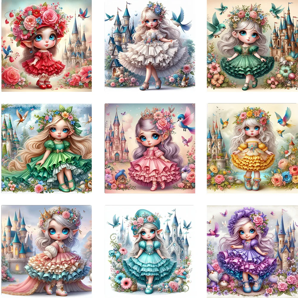 Cartoon Fantasy Castle Girl and Bird 5D Full Circle Diamond Painting Set Cute Princess Dress Girl DIY Diamond Mosaic Embroidery