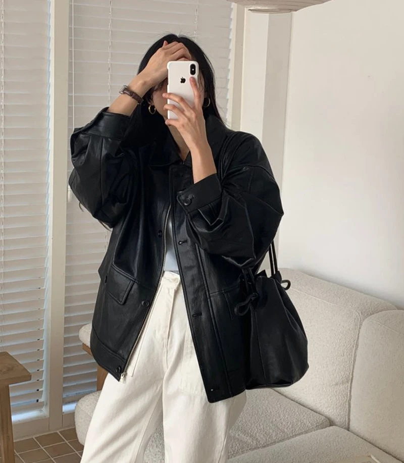 เสื้อแจ็คเก็ตหนังลำลองมีซิป คอตั้ง แขนยาว ทรงหลวม สำหรับผู้หญิงสาว แฟชั่นฤดูใบไม้ร่วง เสื้อคลุม