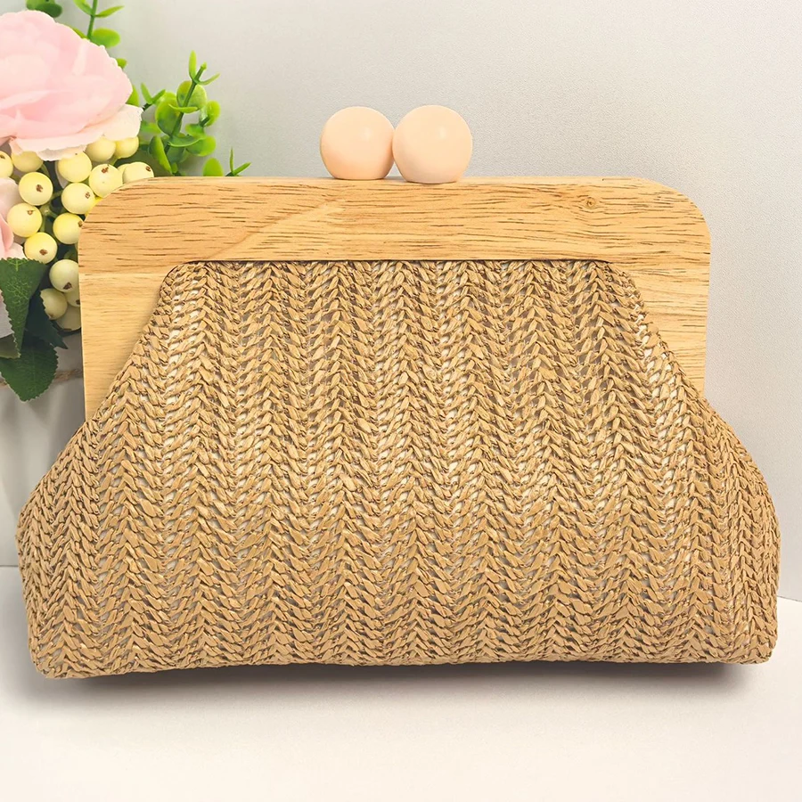

Summer Chain Crossbody Bag For Women Fashion Straw Woven Handbag Ladies Wooden Clip Women Shoulder Bag Beach Clutch Purse Wallet