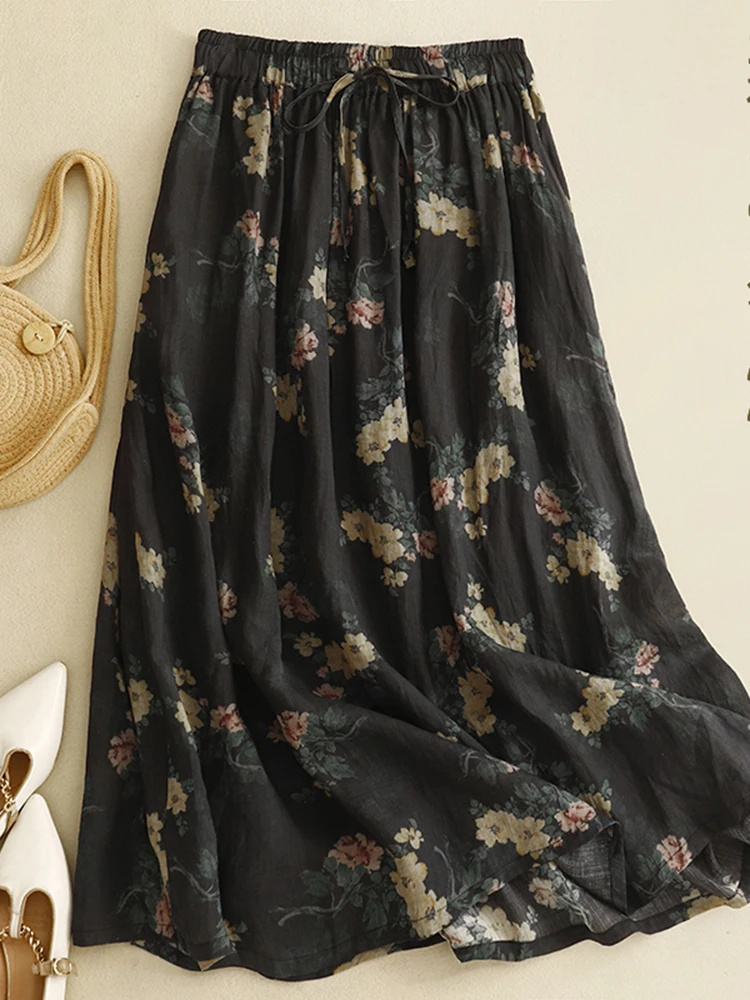 

Retro High Waist Smooth Dra Slim A-Line Long Skirt Women's plus Size Floral Print Belted f-length Commute Sle