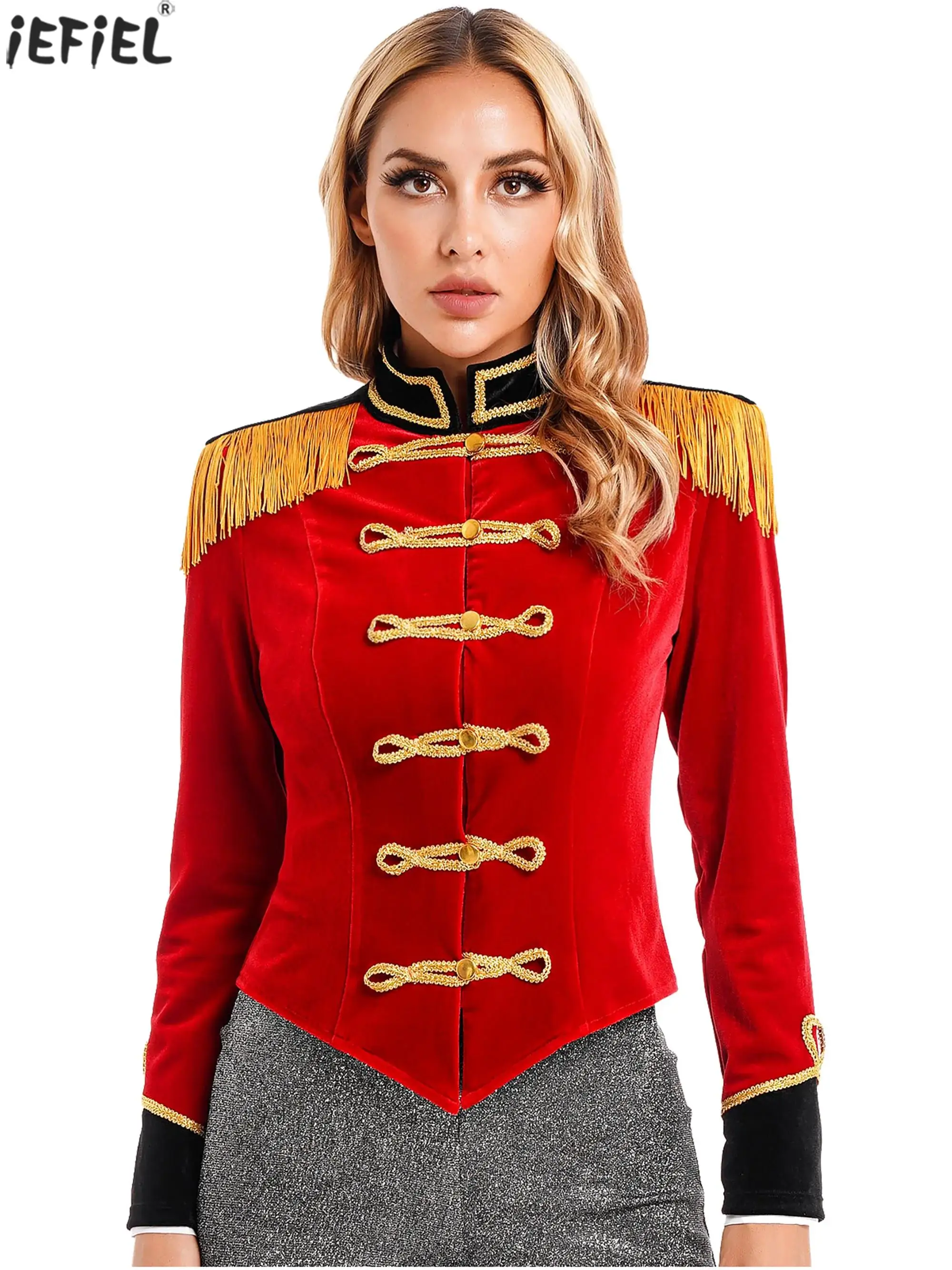 

Women Circus Ringmaster Costume Jacket Festival Long Sleeve Disfraz Circo Fringed Shoulder Board Velvet Coat for Halloween