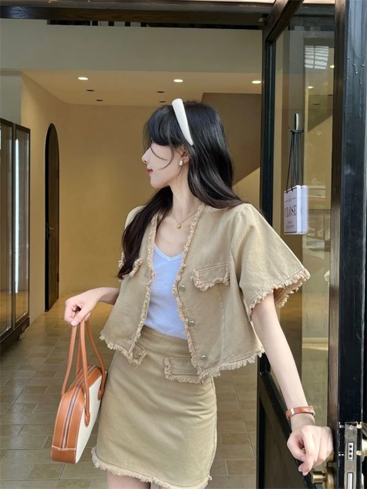 Short 2 Pieces Skirt Sets For Women Formal Event Y2k Street Wear Elegant Sleeve Casual Occasion Korea Mini Woman Outfit