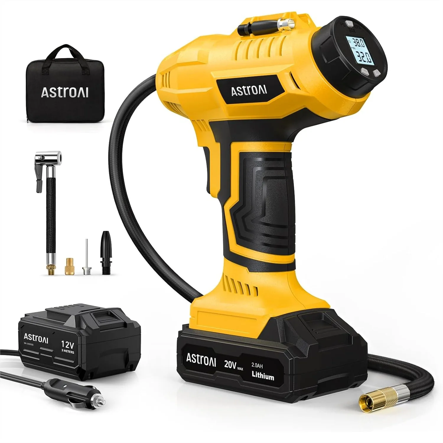 

Cordless Tire Inflator Air Compressor 20V Rechargeable 160PSI Portable Air Pump with 12V Adapter, Digital Gauge for Cars