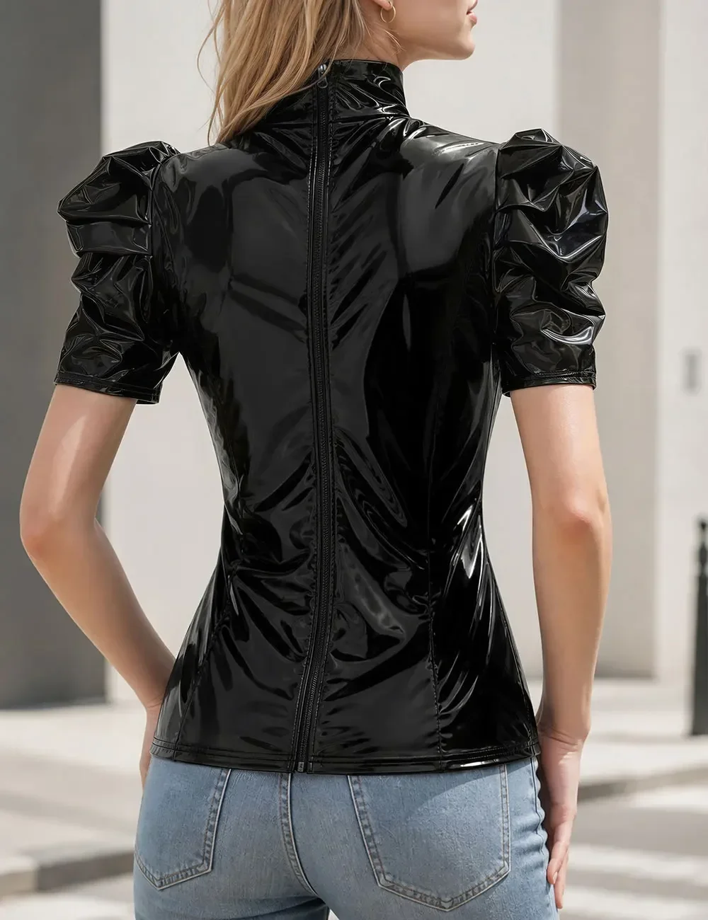 Sexy schwarzes, glänzendes, hochglänzendes, wet-look-PU-Leder-Oberteil mit Puffärmeln, hohem Kragen, figurbetont, Clubwear, Party, Y2K, Streetwear, schick, heiß, für Damen – Detail 3