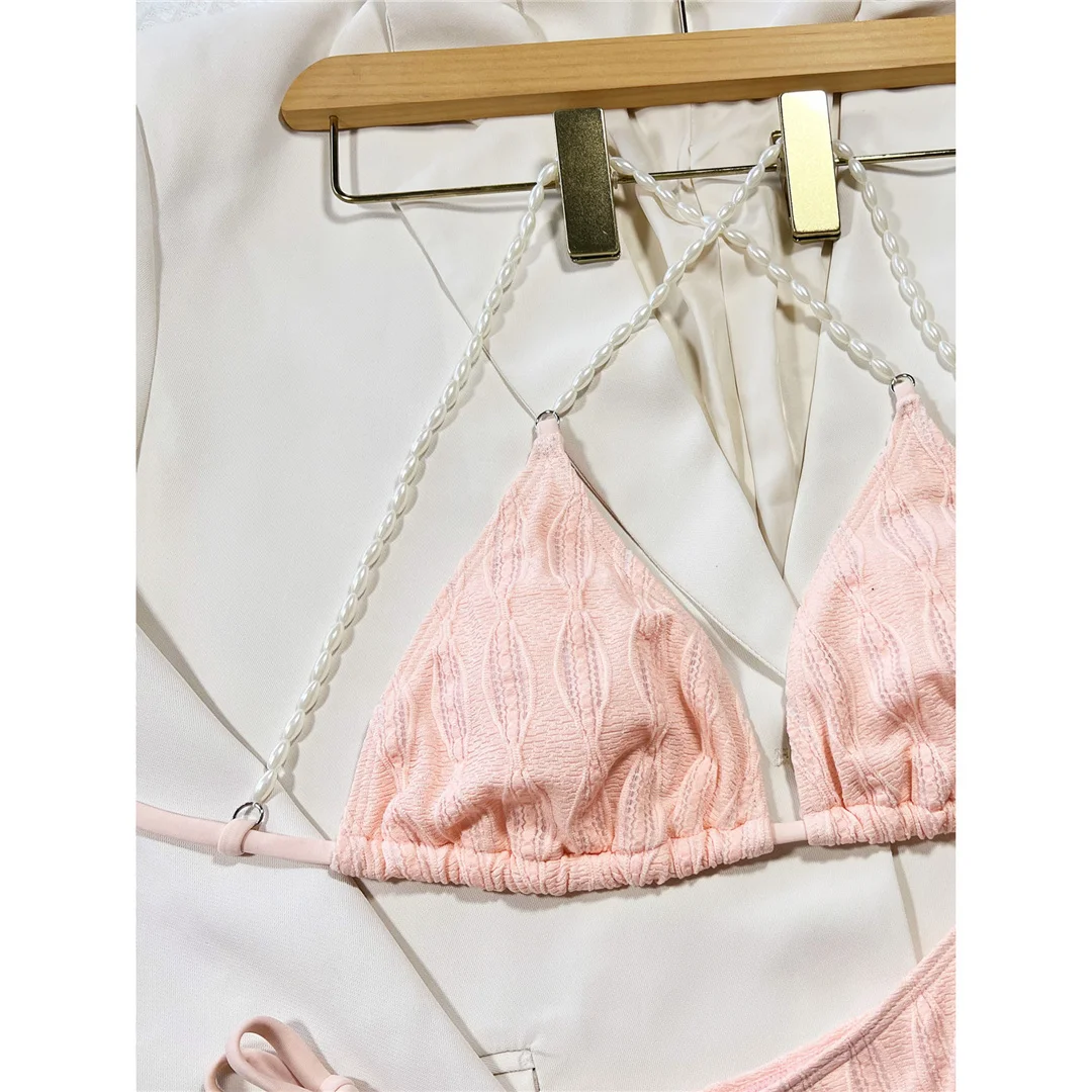 Gefalteter Perlen-Neckholder-Bikini, Damen-Badeanzug, zweiteiliges Bikini-Set, Badeanzug mit gekreuztem Rücken, Badebekleidung, Schwimmanzug V4272 – Detail 10