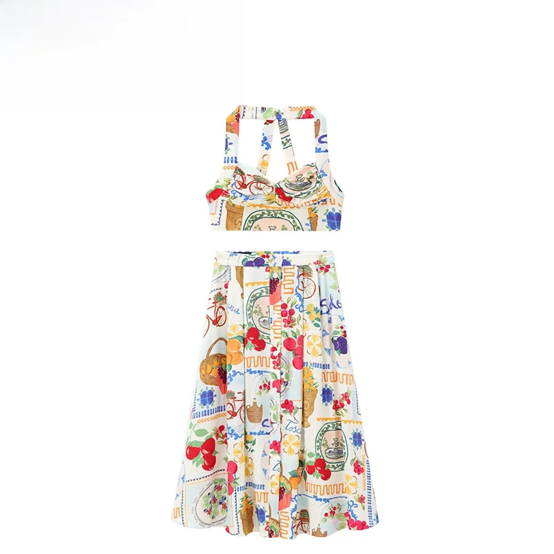 ZBZA 세련된 인쇄 짧은 탑과 망토 스커트 세트 여성 가을 ​​새로운 도착 폴리 에스터 섬유 하이 패션 앙상블