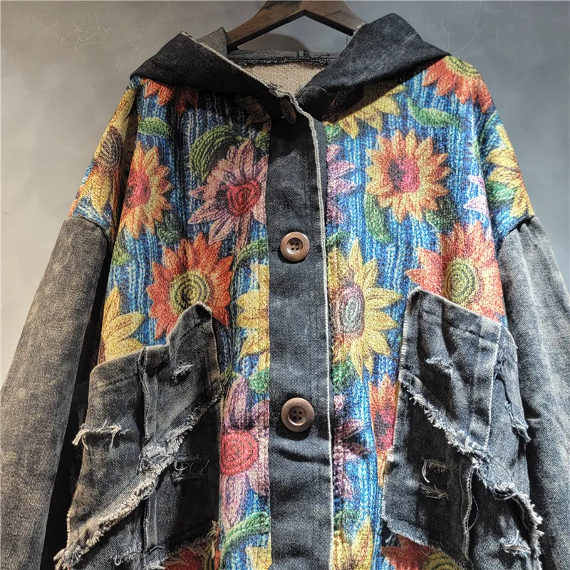 WTHT العصرية المرأة زهرة طباعة متماسكة تقسم الدنيم سترة 2025 الخريف جديد مقنعين طويلة الأكمام معطف الإناث 1LS2270