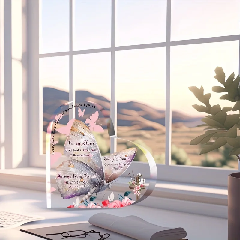 2D， Christian heart-shaped acrylic desktop decoration - purple butterfly design, home and office decoration, holiday gifts