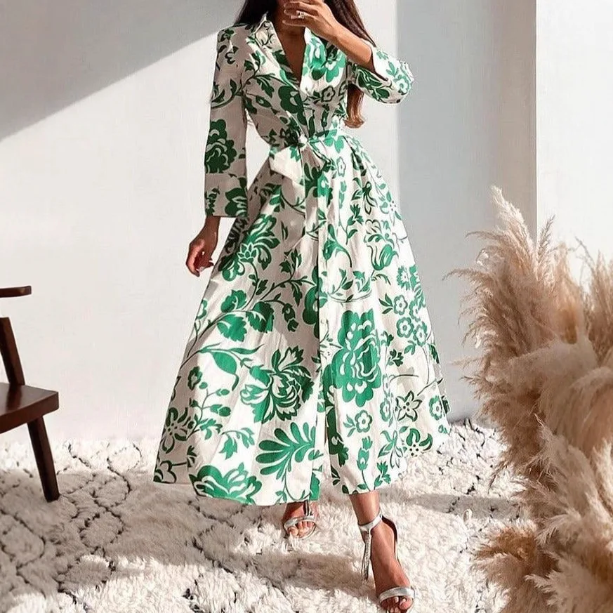 فساتين ماكسي مطبوعة للنساء معانقة الخصر وأكمام طويلة فستان قميص ربيع الخريف سيدة عادية مكتب عطلة فستان رداء #2