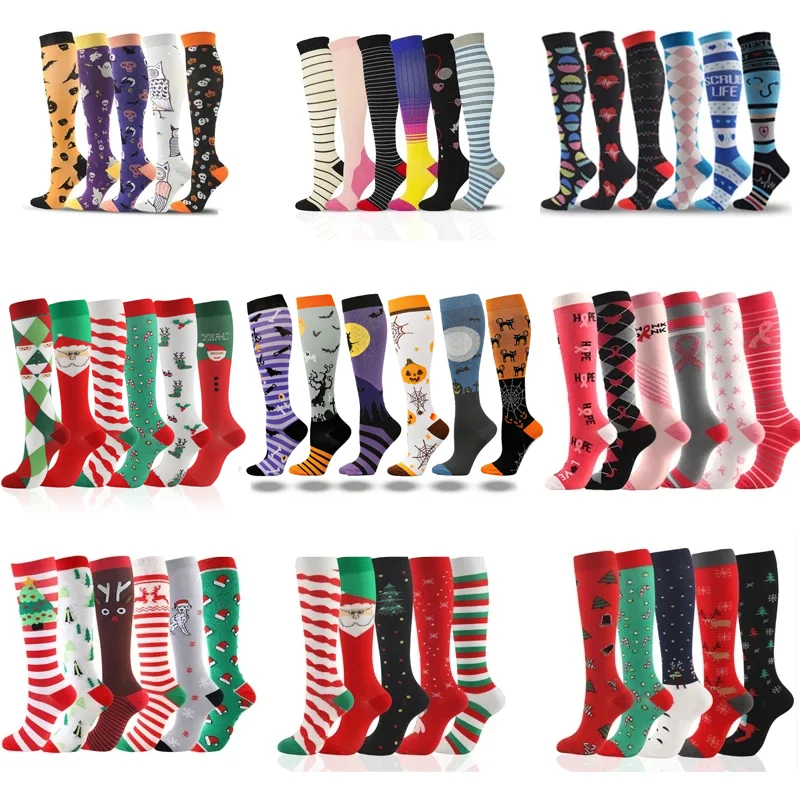 3/5/6 Pairs Compression Stockings Animal Halloween Christmas Running Cycling Knee Socks Anti Fatigue Pain Prevent Varicose Veins