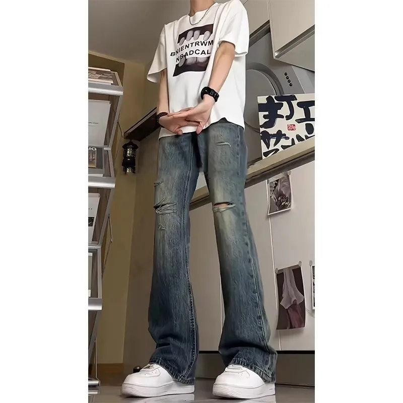 

Мужские джинсы Deep Blue с высокой талией и манжетами, летние, выбеленные, слегка расклешенные, прямого кроя, модные повседневные джинсовые шорты