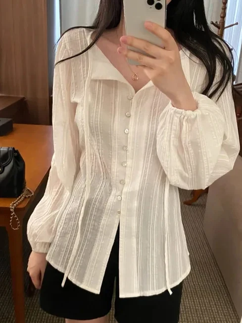 

Sweet Ele Spring irt Women's Slim Fit Long Sve Belted Stand Collar irt Dongda Gate 2026 Sli Commute Wear