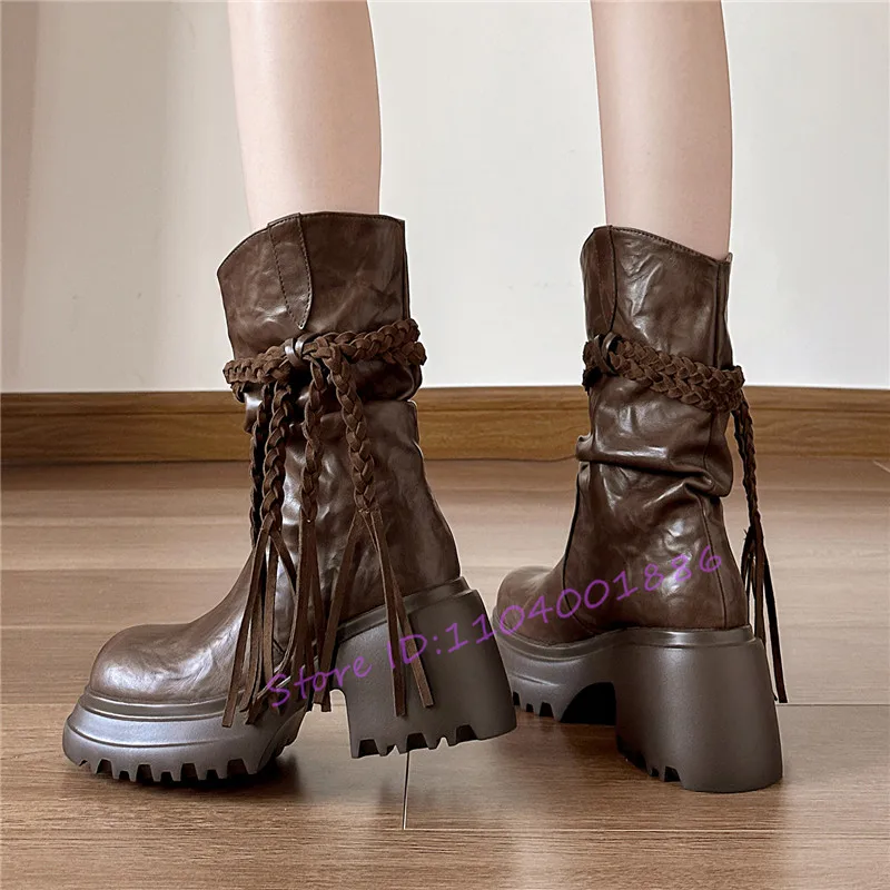 Retro Thick Soled Pleated Women Boots Knitted Tassel Strap 8CM High Heel Knight Boots White Brown Leather Height Increased Shoes