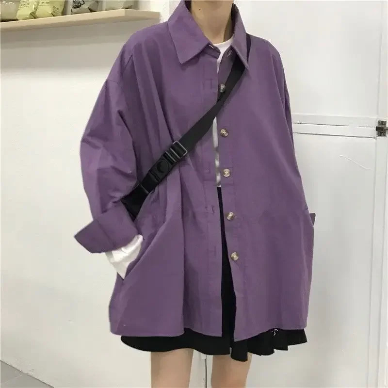 Blouses Women Long Sleeve Shirts Spring Harajuku Loose Turn-down Collar Solid Chic Leisure BF Vintage Purple  All-match New