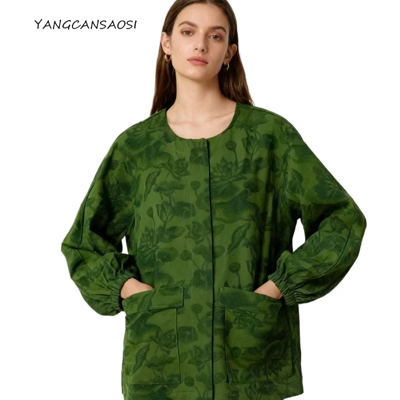 

Women's Autumn Green Lotus Print Clothing New Chinese Style 75% Natural Mulberry Silk 25% Nylon Round Neck Long Sleeved Jacket