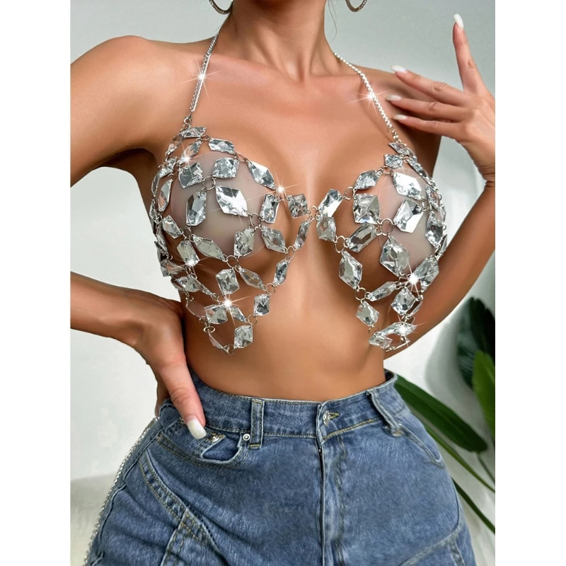 

Womens Crystal Halter Bras Chest Chain Sexy Backless Body Jewelry N7YE