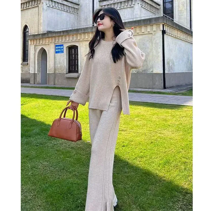 Irregular round neck pullover sweater with design sense, women's set, autumn and winter knitted skirt, casual two-piece setdress