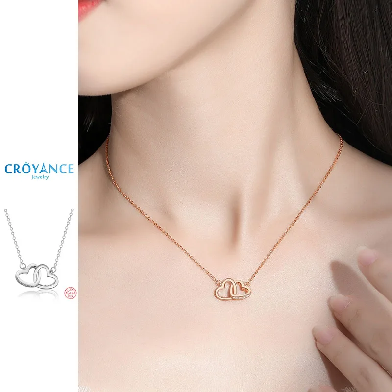 

925 Sterling Silver Double Heart Zircon Pendant Necklaces Women Luxury Quality Jewelry Rose Gold Rhinestone Drop Clavicle Chains