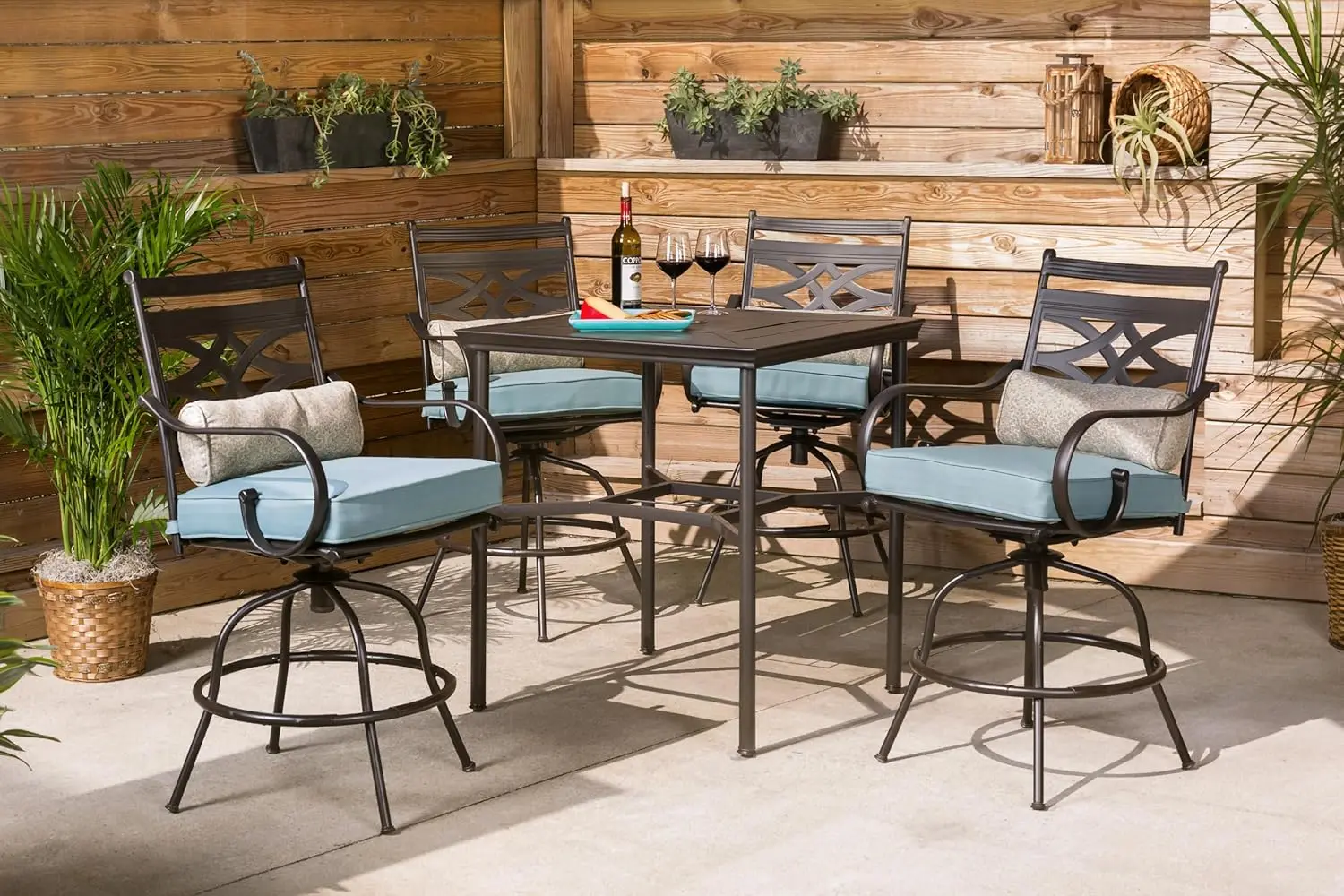 Hanover Montclair All-Weather 5-Piece Outdoor Dining Set, 4 Cushioned Swivel Counter-Height Chairs And 33